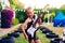 Happy child with his new electric guitar, his entertainment for the summer, learn music in the pool