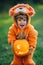 Happy child holding carved smiling happy pumpkin on sunny garden background. Toddler boy in fluffy lion costume