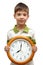 Happy child holding clock