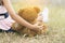 Happy Child hug teddy bear in green park playground. Teddy bear best friend for little kids cute girl. Autism happy funny playing