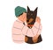 Happy child hugging dog. Doggy and boy, pet owner. Smiling kid embracing canine animal, best friend. Person and doberman