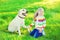 Happy child with labrador retriever dog on grass in summer