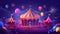 Happy child in night funfair carnival with fireworks and balloons. Cartoon landing page with circus theme, kid with