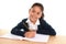 Happy child with notepad smiling in back to school and education concept