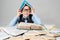 Happy Child Reading Many Books with Book on Head, Funny School Boy in Glasses