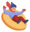 Happy child on rubber donut. Snow tubing activity