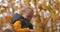 Happy child is sitting on shoulders of parent at walk in park at autumn, closeup portrait of small smiling boy