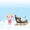 Happy Child Sled Winter Christmas Snow Snowflake Old Vector Illustration