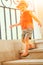 Happy child walking on stairs on nature background