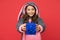 Happy child wear rabbit kigurumi pajamas and share blue present box, shopping