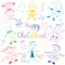 Happy Childhood. Colorful Cute Kids with Toys, Stars and Candies. Funny Children Drawings. Sketch Style.