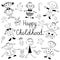 Happy Childhood. Cute Kids with Toys, Stars and Candies. Funny Children Drawings. Sketch Style.