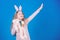 Happy childhood. Get in easter spirit. Bunny ears accessory. Lovely playful bunny child with long hair. Cute and