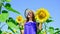 happy childhood. kid wear straw summer hat. child in field of yellow flowers. teen girl in sunflower field. concept of