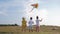 Happy childhood, little kids rejoice with kite having wonderful time in forest on family weekend during summer holiday