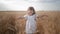 Happy childhood, little smiling child runs and touch riped wheat spikelets in the grain harvest field