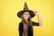 happy childhood. teenage child in witch hat and glasses. cheerful kid create miracles. carnival costume party. trick or