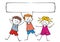 Happy children and banner, three cheerful kids on white background, vector funny illustration