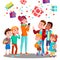 Happy Children And Christmas Gifts Falling With Confetti From The Sky Vector. Illustration