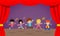 Happy children dancing and jumping at stage Vector illustration cartoon isolated on background.