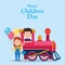 Happy children day colorful design with happy boy in a train and girl with colorful balloons