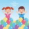 Happy children day design with happy kids around colorful balloons