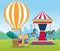 Happy children day design with hot air balloon and horse carousel with cartoon happy kids