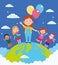 Happy children day with kids and balloons helium in the world planet