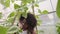 Happy children farmer hands holding magnifying glass and looking at vegetables in hydroponics farm