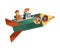 Happy Children Flying on Rocket Peeped Out From Viewing Port and Boarding Big Spaceship Vector Illustration