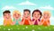 Happy children in the fresh air. Group of kids lying in a clearing. Vector illustration in cartoon style