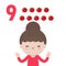 Happy children and hand showing the number nine, cute kids showing numbers 9 by fingers. little child study math number