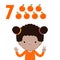 Happy children with hand showing the number seven, cute kids showing numbers 7 by fingers. little child study math count fruit