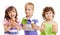 Happy children with ice cream in studio isolated