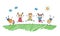 Happy children jump together in summer park. Funny jumping kids. Children drawing painted with markers. Doodle hand