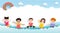 Happy children jumping greeting card in paper cut style with group of kids background poster for advertising brochure banner