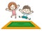 Happy children jumping on the trampoline. Cute boy and girl having fun jumping on the trampoline. Entertainment. Vector images in