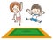 Happy children jumping on the trampoline. Cute boy and girl having fun jumping on the trampoline. Entertainment. Vector images in