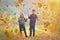 Happy children playing with autumn fallen leaves in park