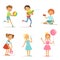 Happy children playing with funny toys on playground. Vector illustrations