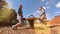 Happy children playing and having fun at playground. Cute children having fun on a play ground 