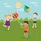 Happy Children Playing on the Nature. Girl with Ball. Boy Launches Kite. Boy with Water Gun.