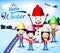 Happy Children Playing Outdoor and Happy Snowman Character With Hello Winter