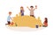 Happy children playing in sandbox flat vector illustration. Kids building sand castles. Preschooler friends cartoon