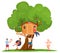 Happy children playing in tree house vector flat. Girls and boys summer camp activities leisure