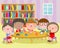 Happy children`s activity in the kindergarten, cute kids with playing toy, Group of happy school child in classroom, education