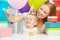 Happy children\'s birthday. selfie. Family with balloons, cake, gifts
