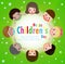 Happy children`s day background poster with happy kids holding hands in a circle on the meadow, vector illustration.