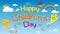 Happy Children`s Day greeting card. Letters floating in the sky surrounded by smiling kites, clouds, rainbows, aerostat balloon