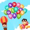 Happy Children`s Day Poster Background vector design template. A bunch of colorful letter balloon with with a boy drive a plane
